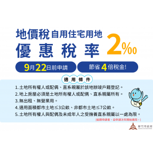 地價稅優惠申請倒數!竹市稅務局提醒9/22最後申請期限 地價稅優惠申請倒數!竹市稅務局提醒9/22最後申請期限